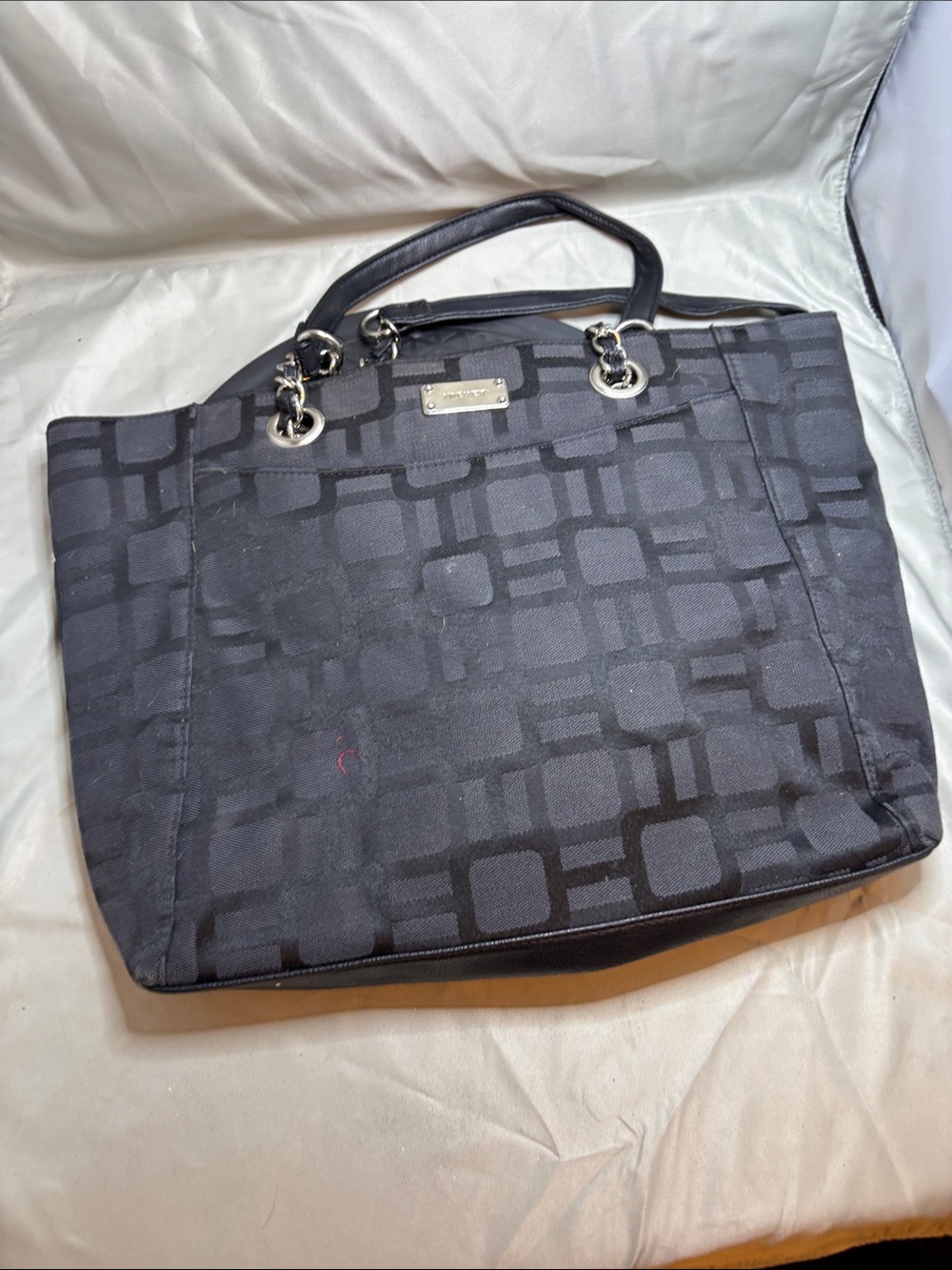 Nine West Black Geometric Tote Bag with Chain Handles